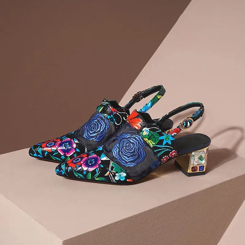 Flower Embroidery Mesh Patchwork Crystal Heel Shoes