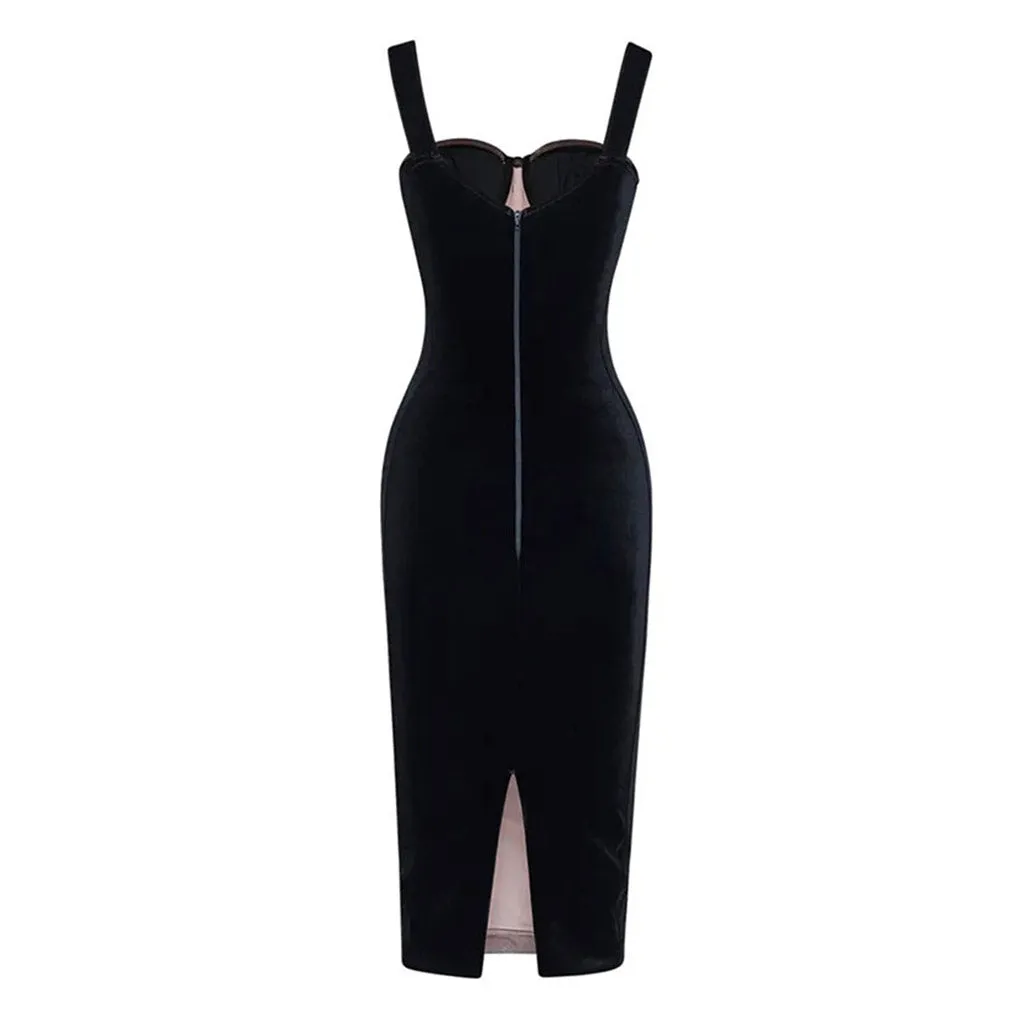 Flytonn- Sexy Ruched Mesh Panel Sweetheart Suspender Strap Corset Midi Velvet Dress