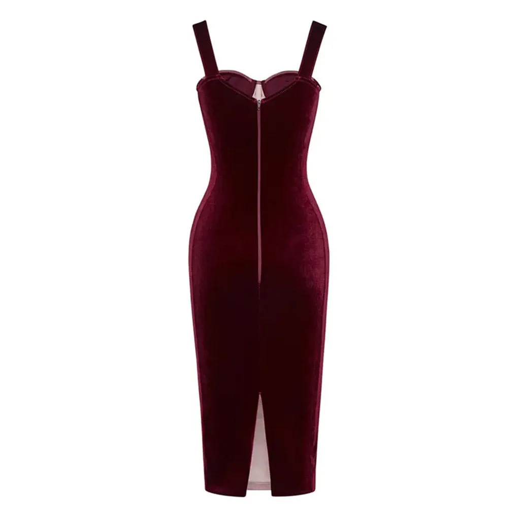 Flytonn- Sexy Ruched Mesh Panel Sweetheart Suspender Strap Corset Midi Velvet Dress