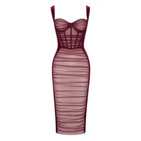 Flytonn- Sexy Ruched Mesh Panel Sweetheart Suspender Strap Corset Midi Velvet Dress