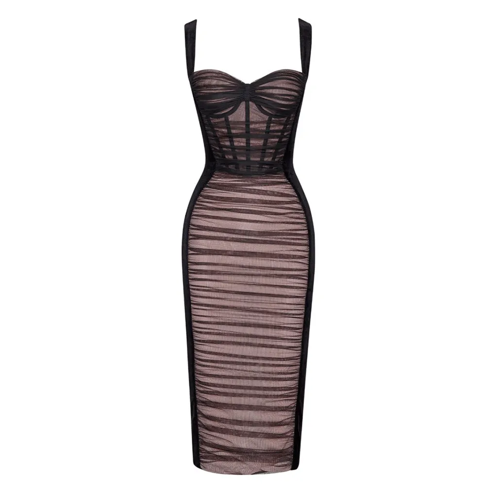 Flytonn- Sexy Ruched Mesh Panel Sweetheart Suspender Strap Corset Midi Velvet Dress