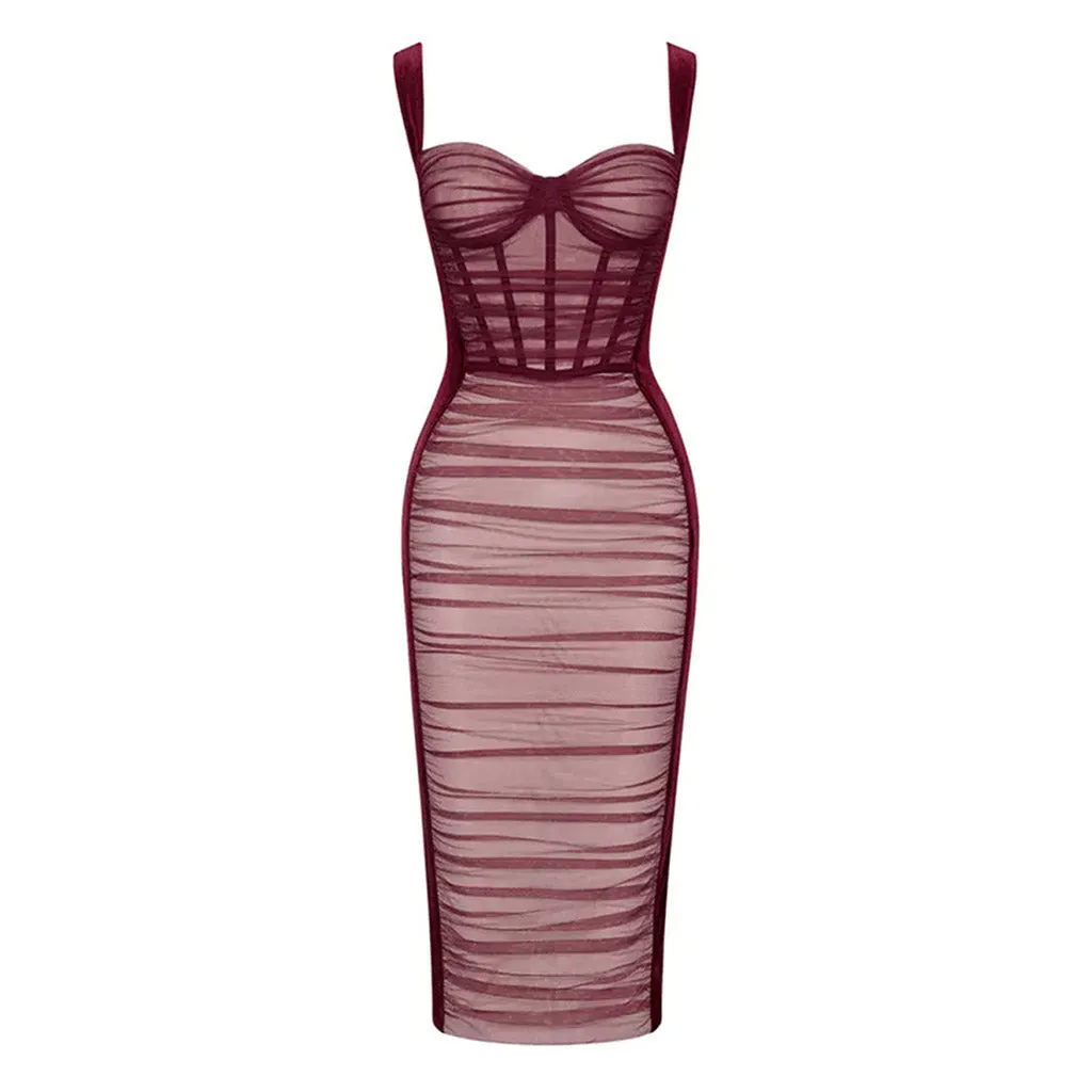 Flytonn- Sexy Ruched Mesh Panel Sweetheart Suspender Strap Corset Midi Velvet Dress