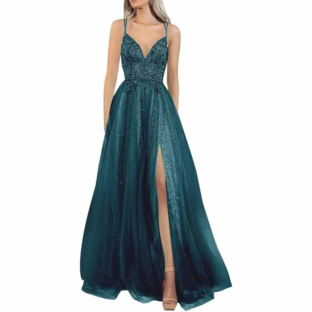 Glitter Tulle Prom Dresses Lace V Neck Backless Long Evening Formal Gowns with Slit