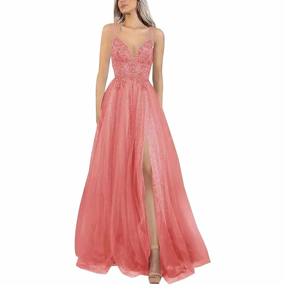 Glitter Tulle Prom Dresses Lace V Neck Backless Long Evening Formal Gowns with Slit