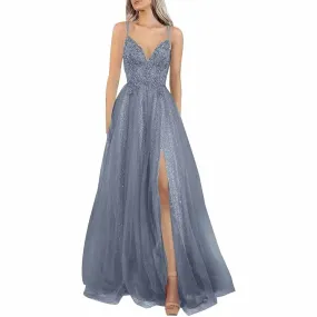 Glitter Tulle Prom Dresses Lace V Neck Backless Long Evening Formal Gowns with Slit