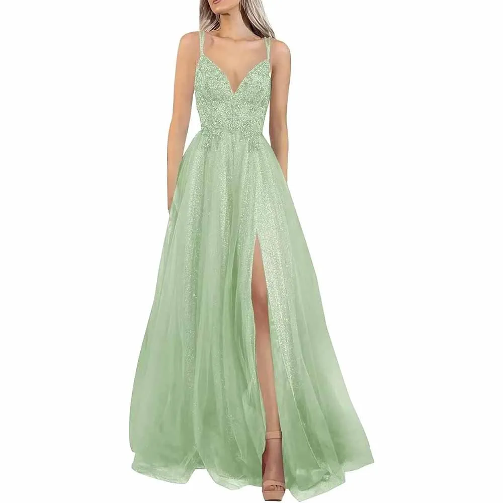 Glitter Tulle Prom Dresses Lace V Neck Backless Long Evening Formal Gowns with Slit