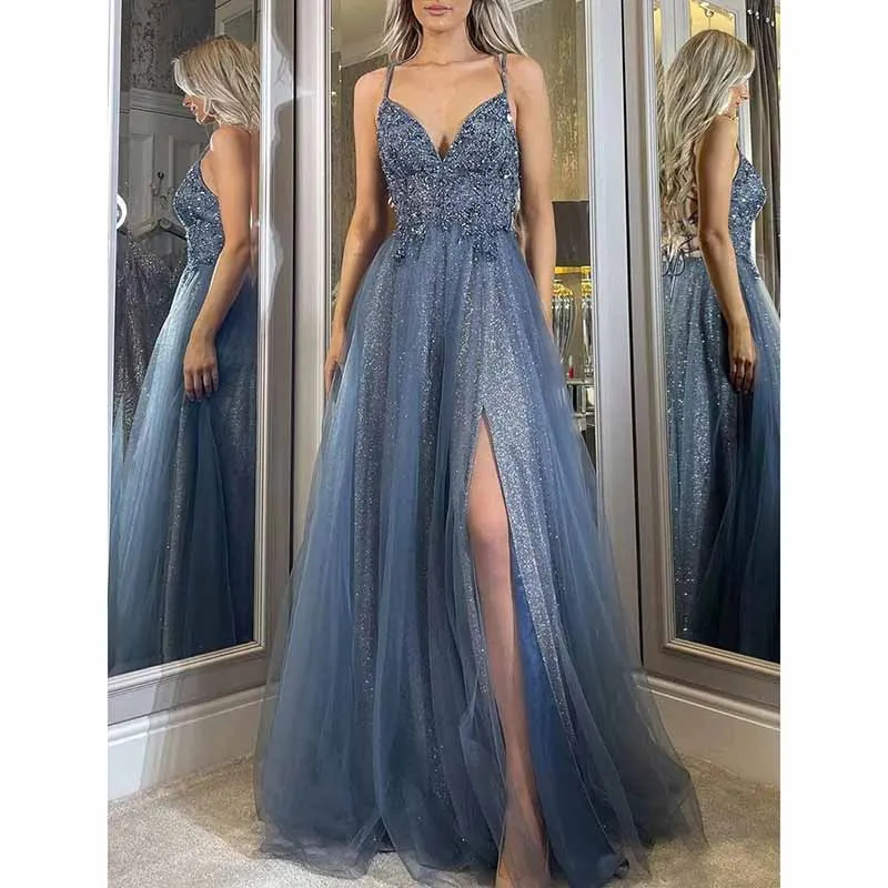 Glitter Tulle Prom Dresses Lace V Neck Backless Long Evening Formal Gowns with Slit