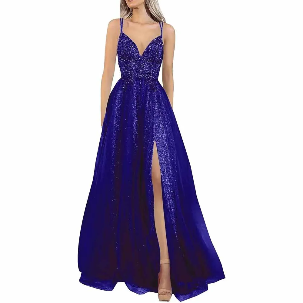 Glitter Tulle Prom Dresses Lace V Neck Backless Long Evening Formal Gowns with Slit