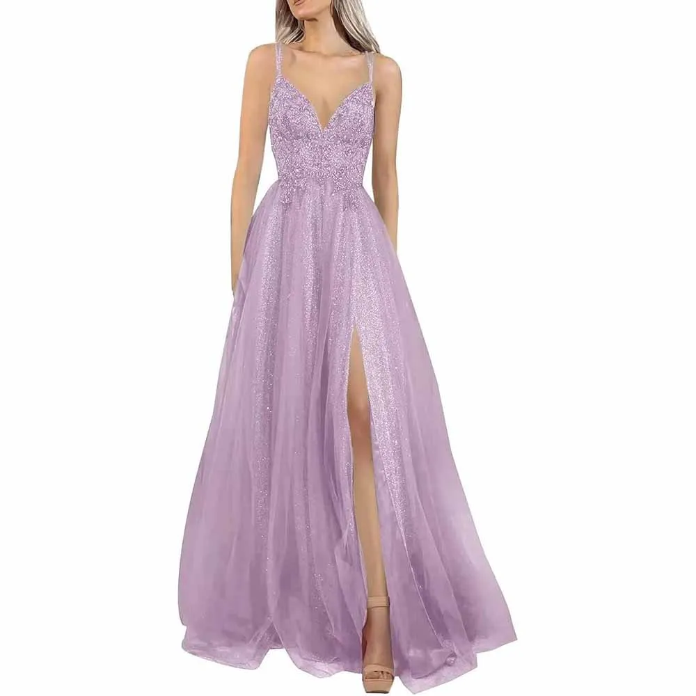 Glitter Tulle Prom Dresses Lace V Neck Backless Long Evening Formal Gowns with Slit