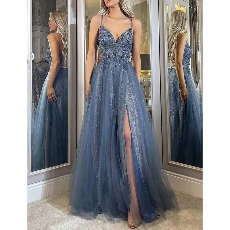 Glitter Tulle Prom Dresses Lace V Neck Backless Long Evening Formal Gowns with Slit