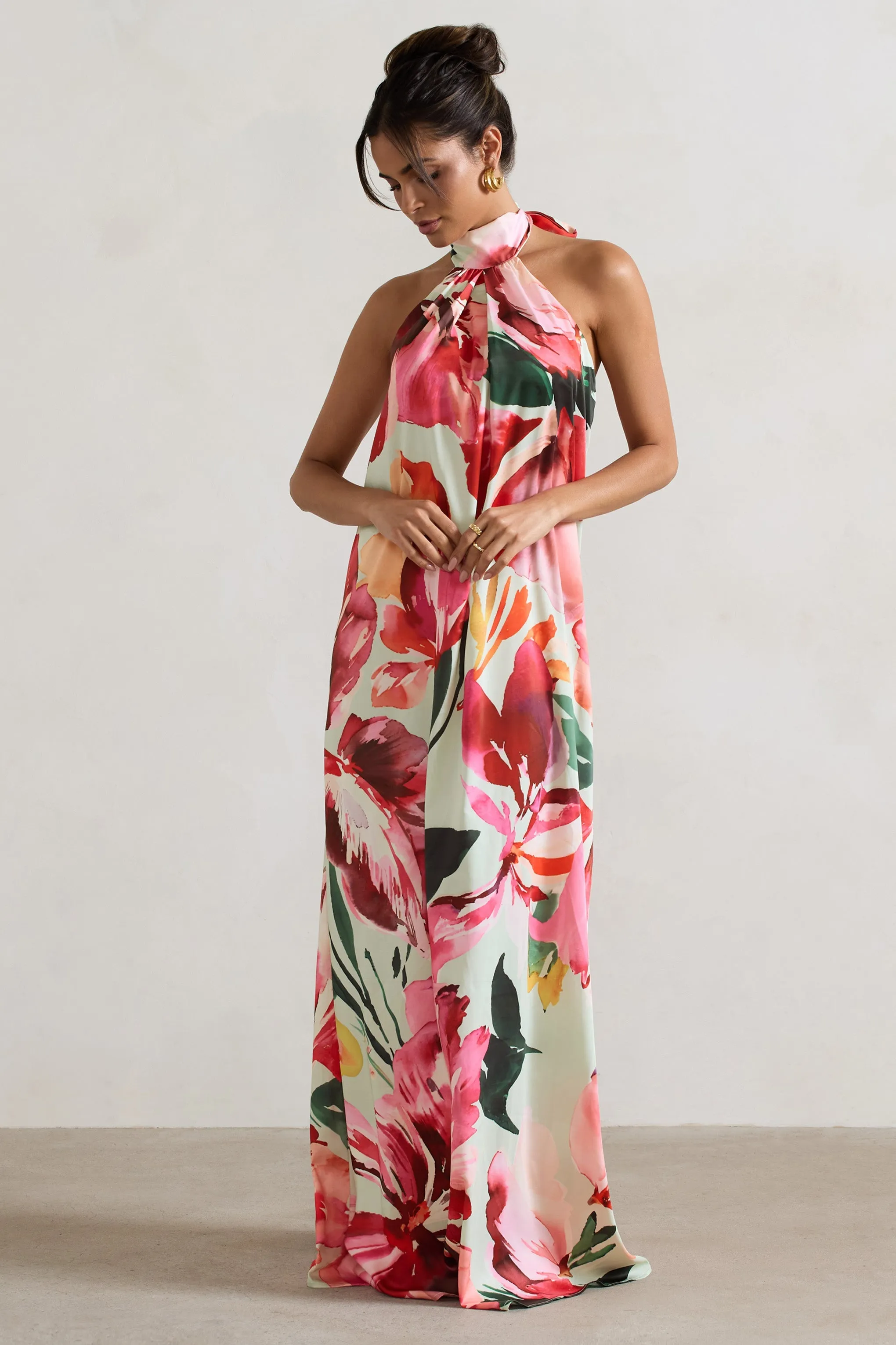 Gloriana | Mint Floral Print Satin High-Neck Maxi Dress