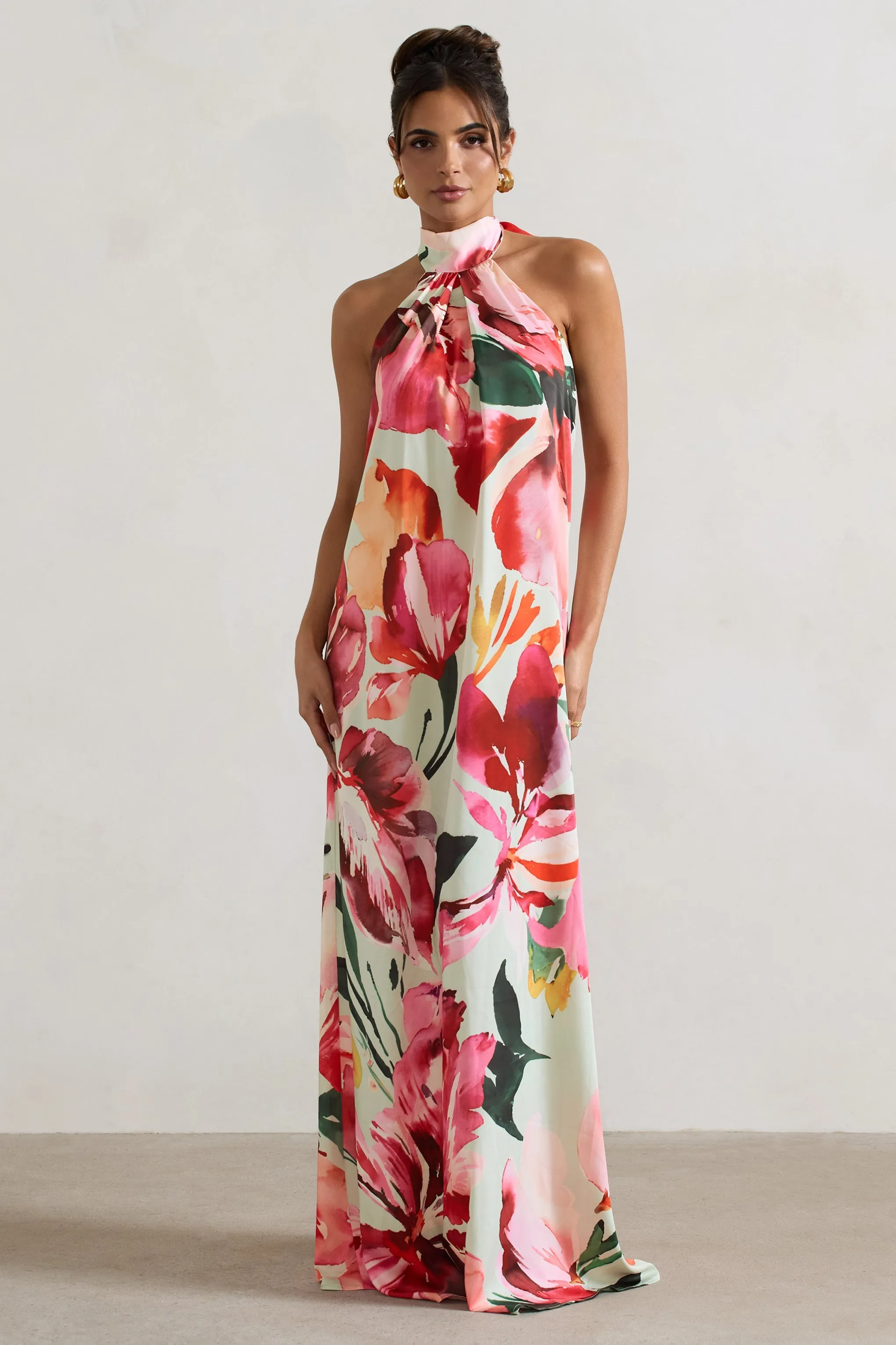 Gloriana | Mint Floral Print Satin High-Neck Maxi Dress