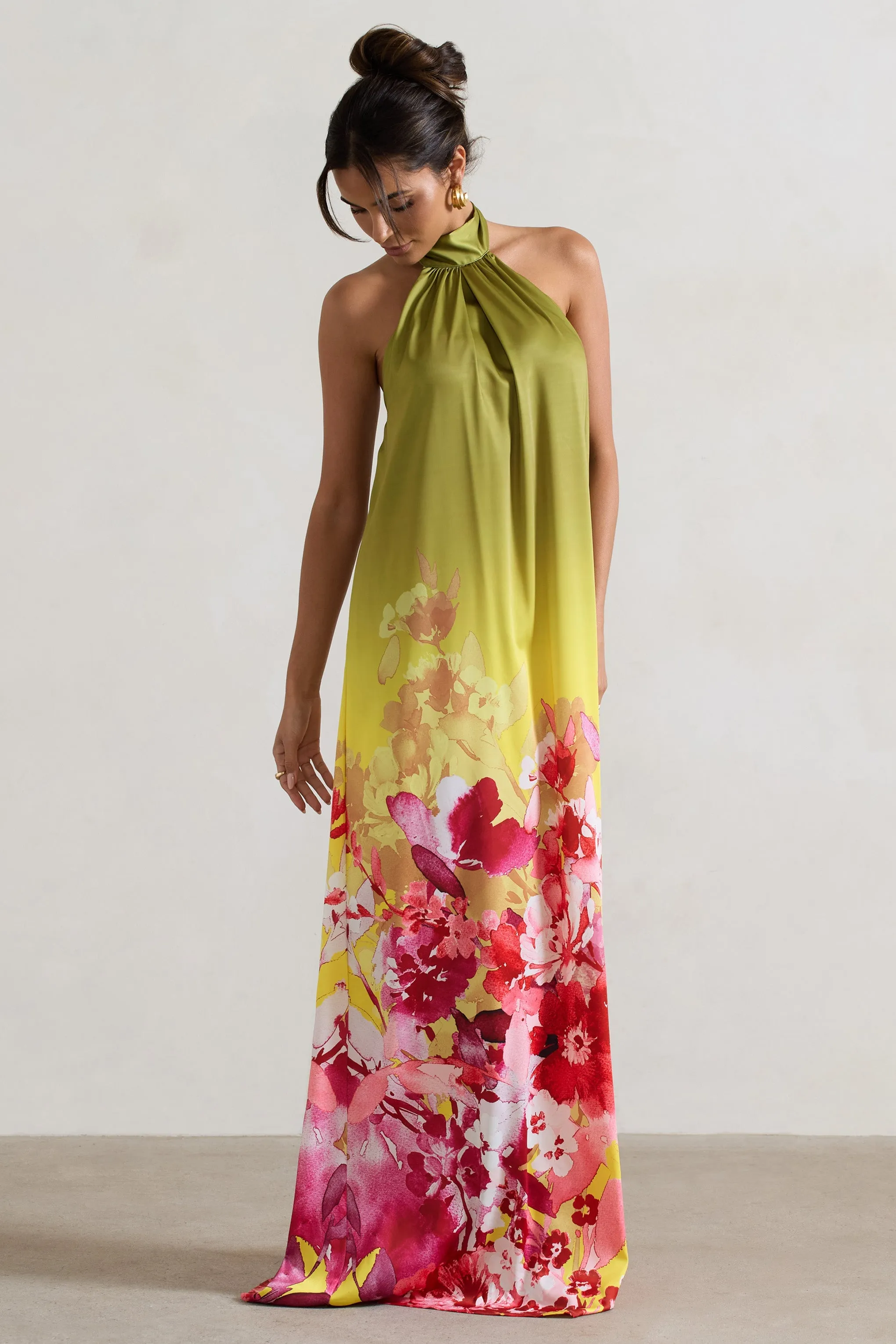 Gloriana | Pink and Green Floral Print Satin High-Neck Maxi Dress