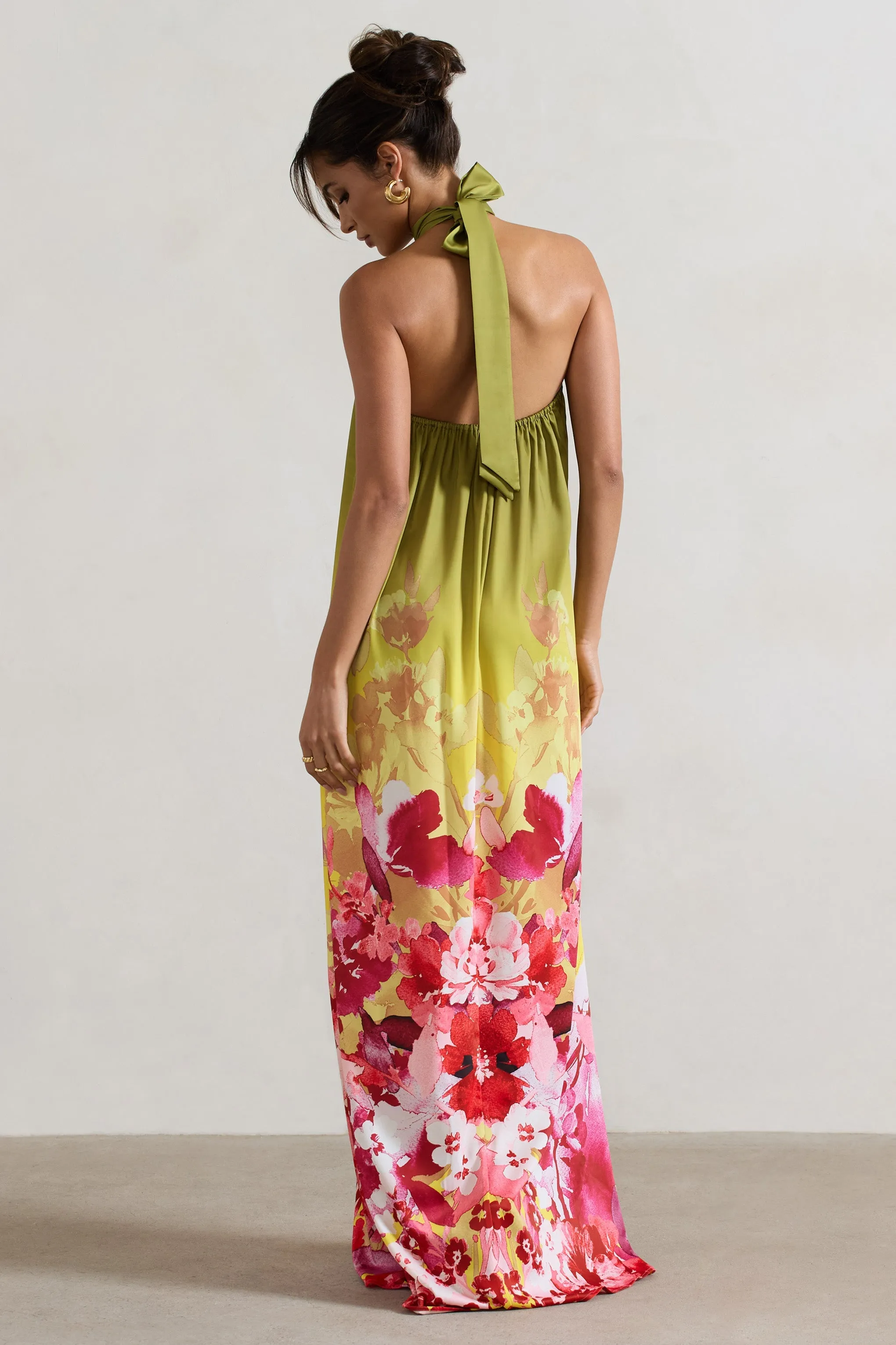 Gloriana | Pink and Green Floral Print Satin High-Neck Maxi Dress