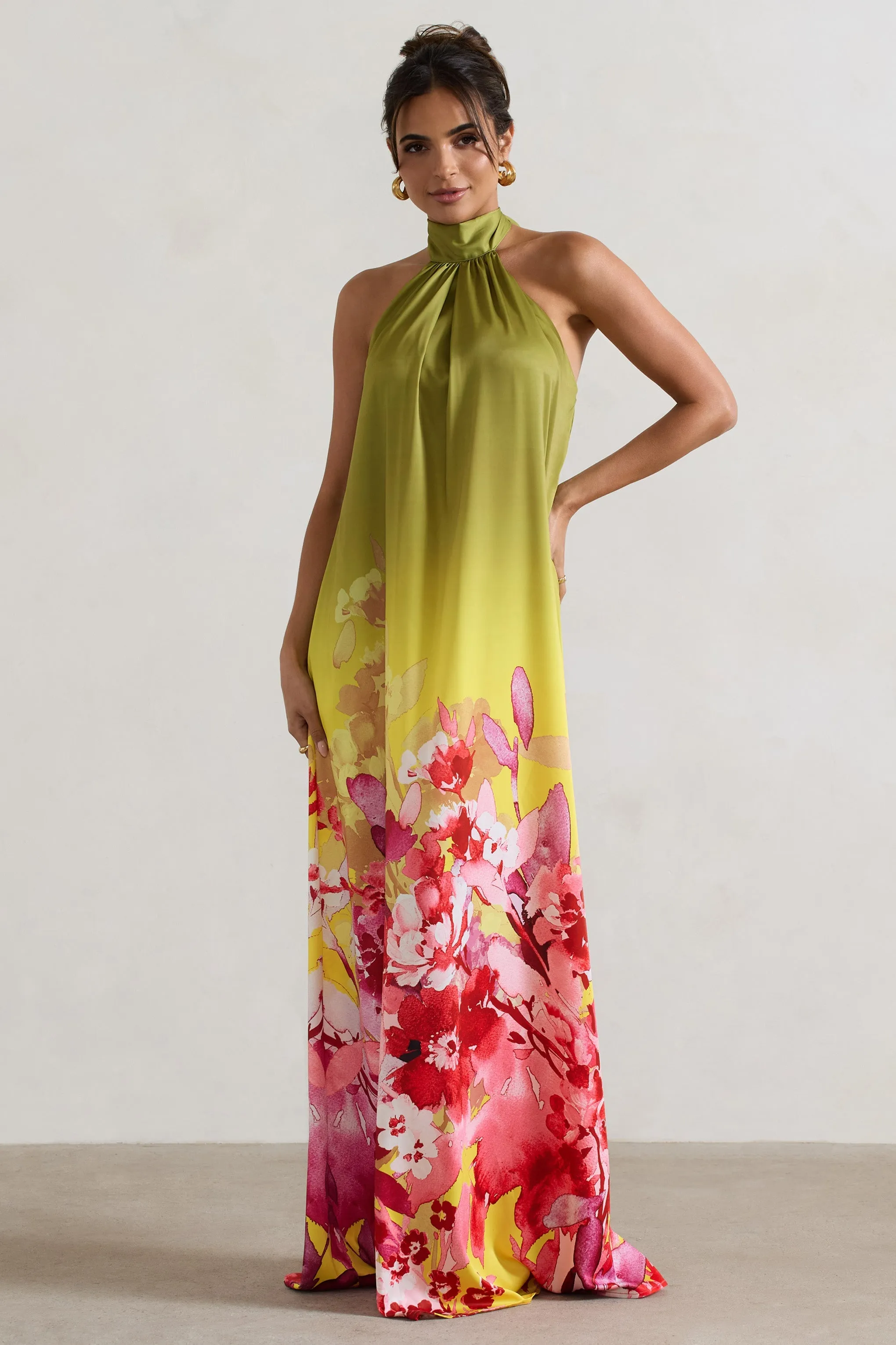 Gloriana | Pink and Green Floral Print Satin High-Neck Maxi Dress