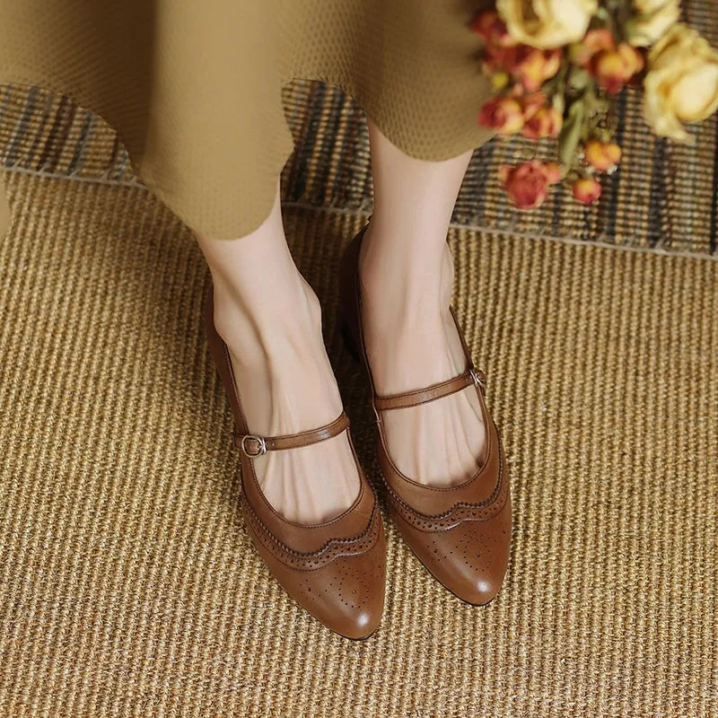 Handmade Leather Brogued Mary Jane Pumps Strap Detail in Black/Brown/Khaki