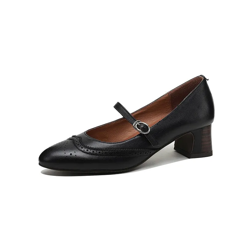 Handmade Leather Brogued Mary Jane Pumps Strap Detail in Black/Brown/Khaki