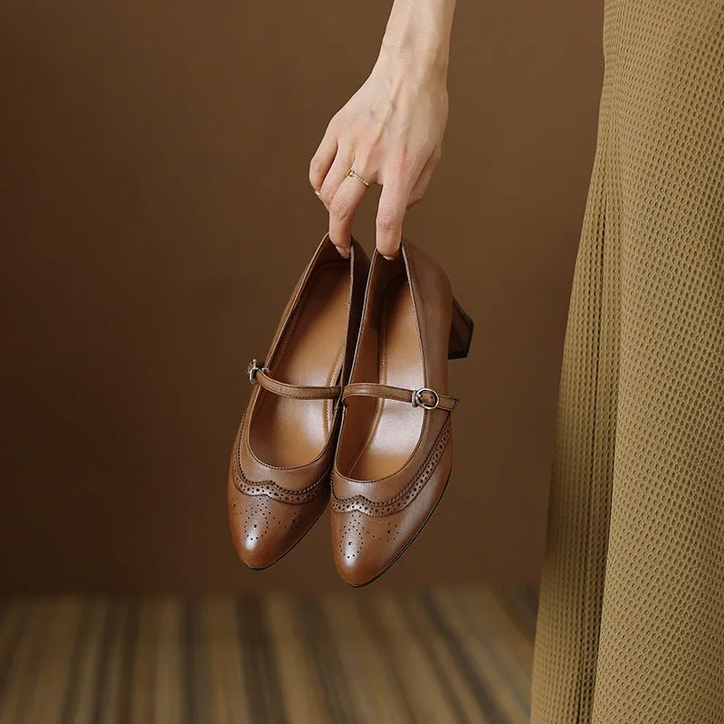 Handmade Leather Brogued Mary Jane Pumps Strap Detail in Black/Brown/Khaki