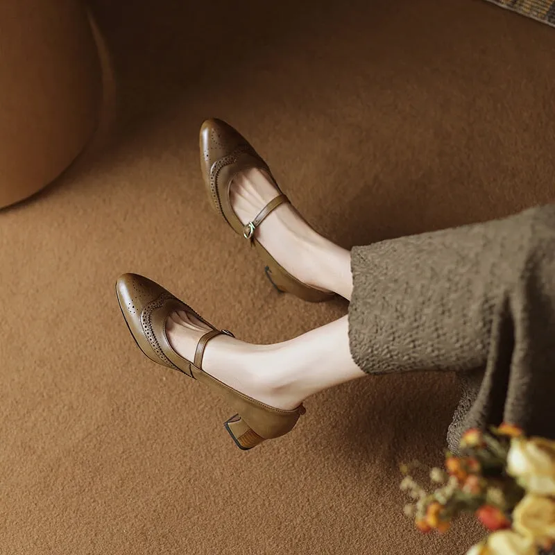 Handmade Leather Brogued Mary Jane Pumps Strap Detail in Black/Brown/Khaki