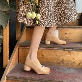 Handmade Leather Cross-Strap Square Toe Pumps in Brown/Black/Apricot