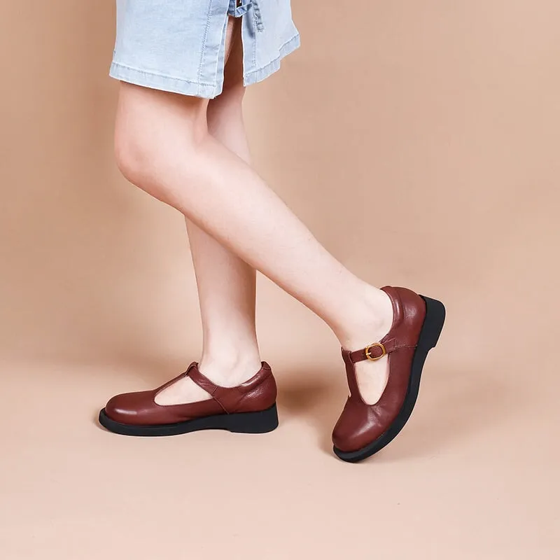 Handmade Retro Leather T Strap Mary Jane Shoes For Womens Round Toe Win Red/Black/Khaki