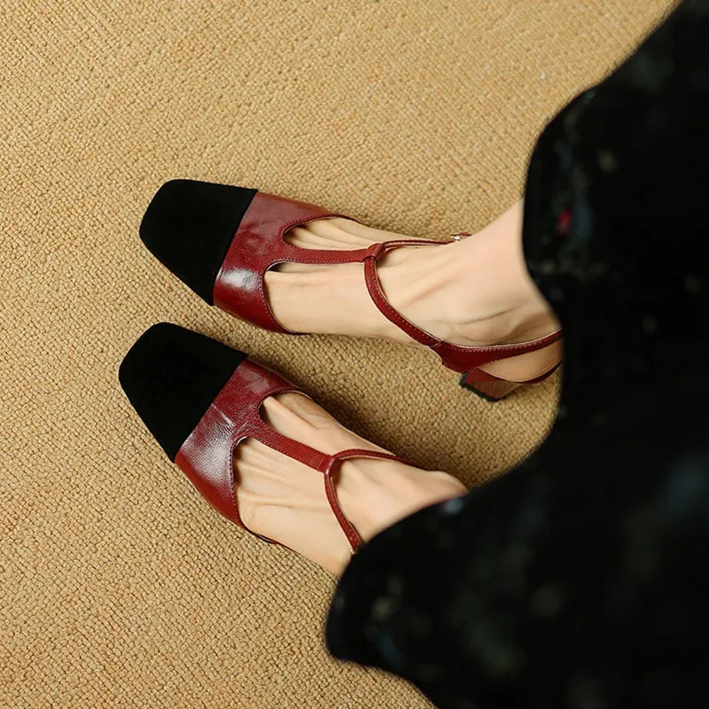 Handmade Sheepskin Sandals T-Strap Mary Jane Heels Detail in Red/Black/Coffee