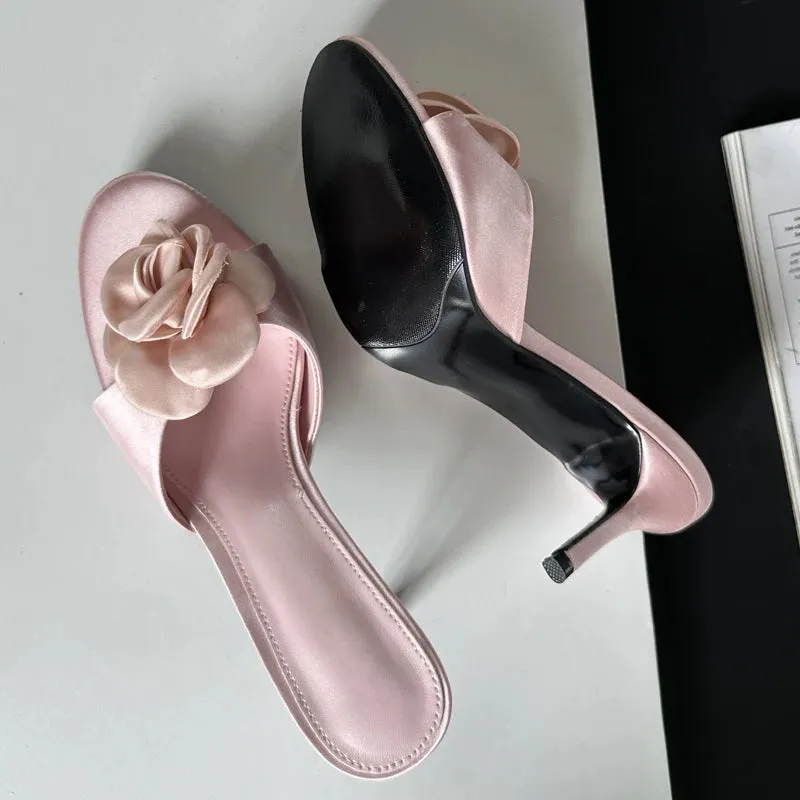 Hnzxzm 2024 Summer Fashion Flower Woman Slippers Thin Low Heels Party Stripper Ladies Mules Slides