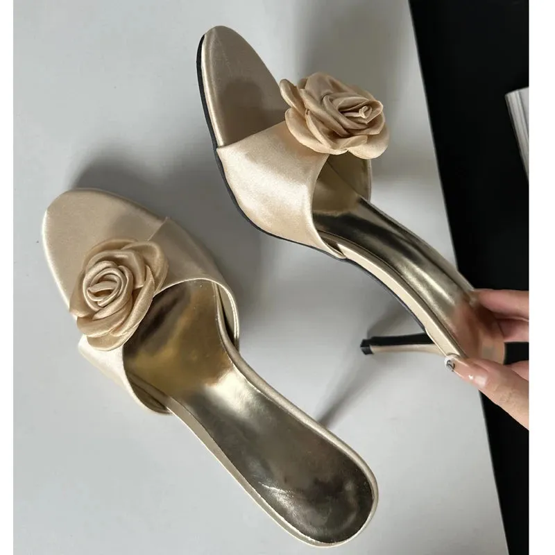 Hnzxzm 2024 Summer Fashion Flower Woman Slippers Thin Low Heels Party Stripper Ladies Mules Slides