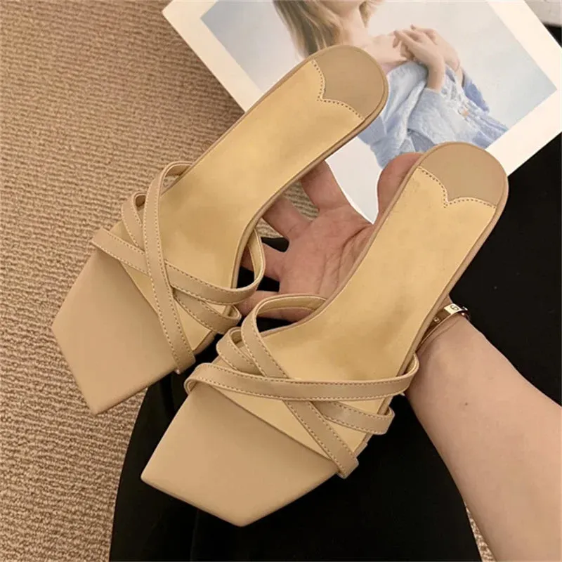 Hnzxzm Fashion Narrow Band Women Slipper Slip On Thin Low Heels Square Toe Party Ladies Slides Summer Shoes