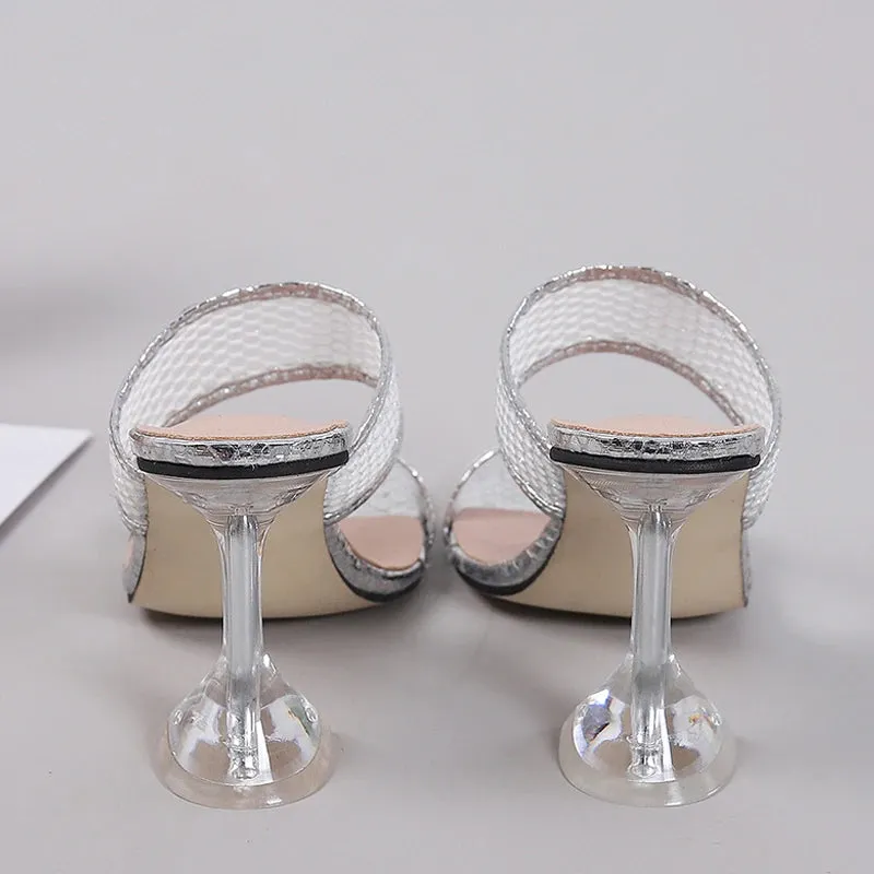 Hnzxzm Size 45 46 Elegant Square Toe Transparent Spike Heels Pumps Mesh Slippers Summer Women Gold Sandals Fashion Mules Party Shoe