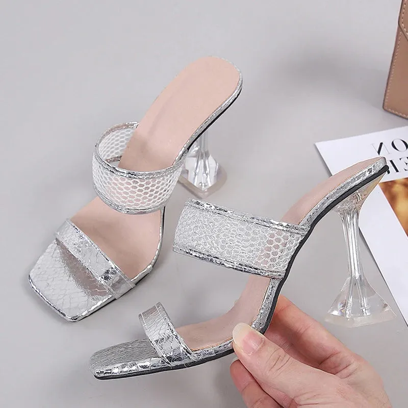 Hnzxzm Size 45 46 Elegant Square Toe Transparent Spike Heels Pumps Mesh Slippers Summer Women Gold Sandals Fashion Mules Party Shoe