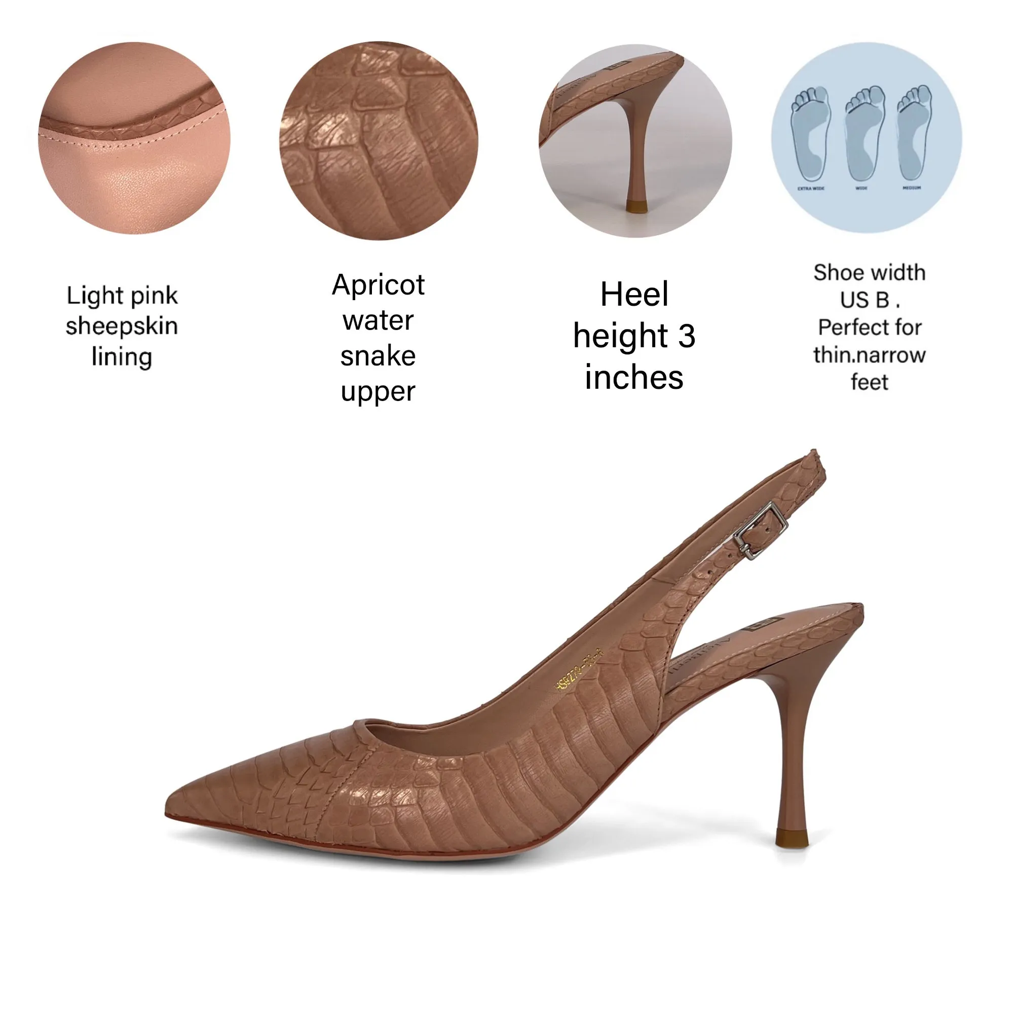 Holiday Dressing   AiciBerllucci  HUDA  Apricot water snake Leather Pump Heels Adjustable Strap Pointed Toe High Heels Pumps