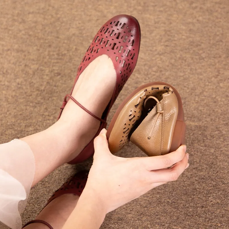 Hollowed Handmade Leather Retro Pointed Toe Ankle Strap Pumps in Wine Red/Khaki