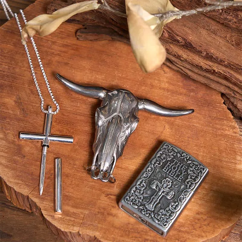 Holy Bible Lighter Longhorn Bull Pendant Cross Necklace Bundle Set