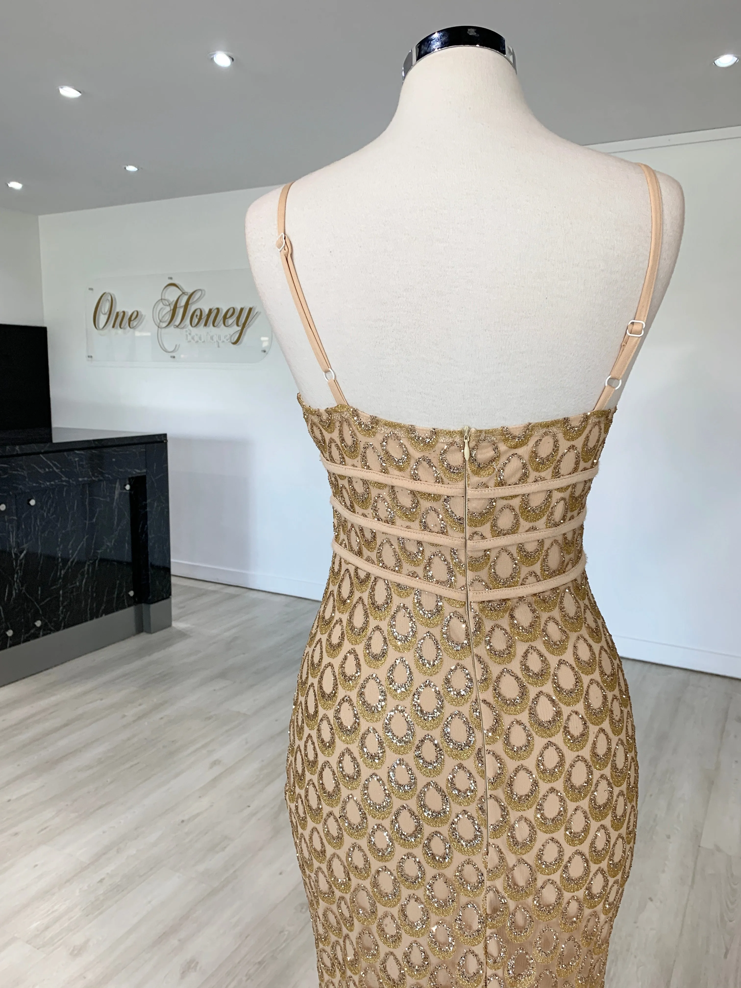 Honey Couture KARMEL Gold Glitter Formal Dress