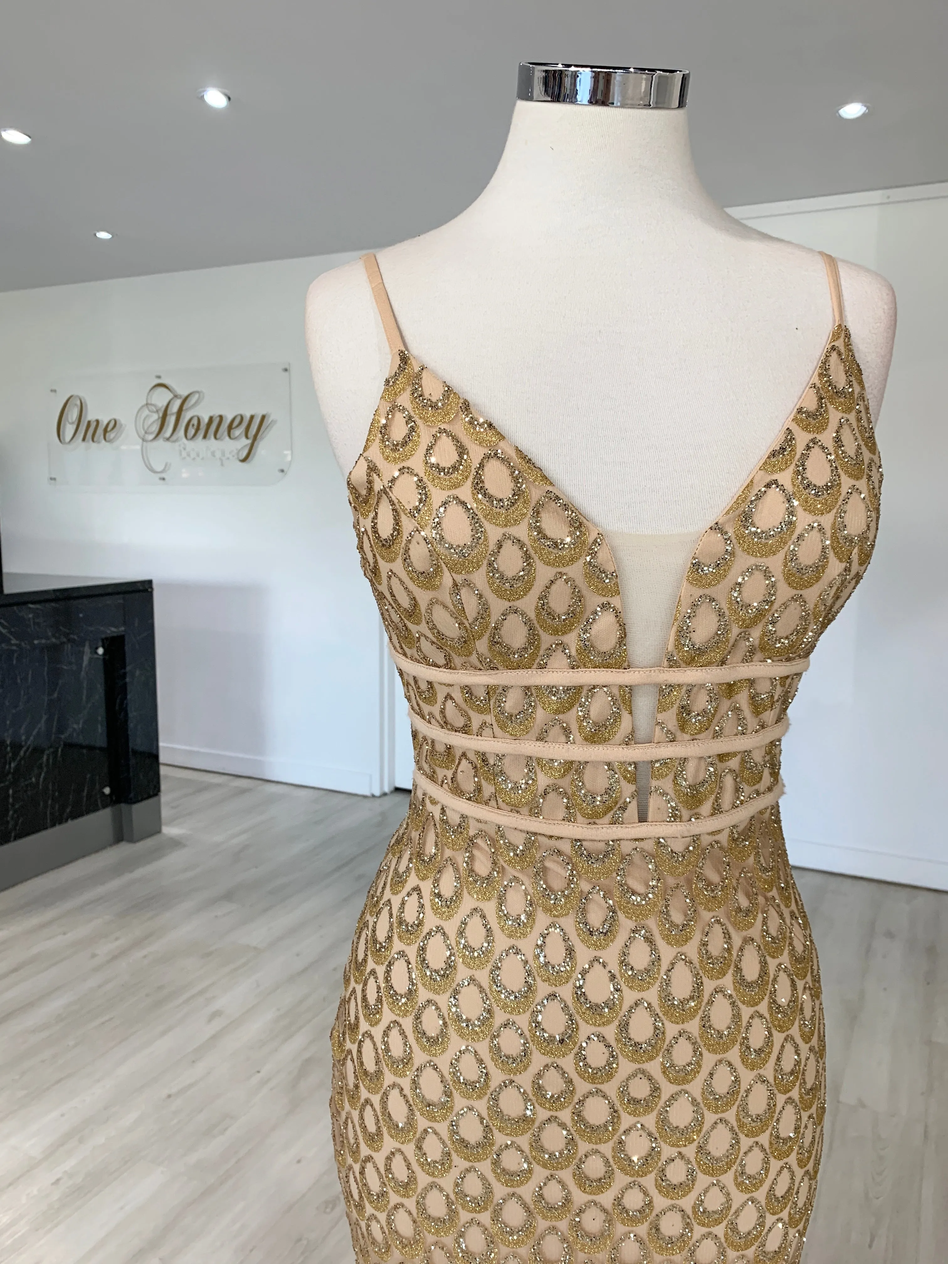 Honey Couture KARMEL Gold Glitter Formal Dress