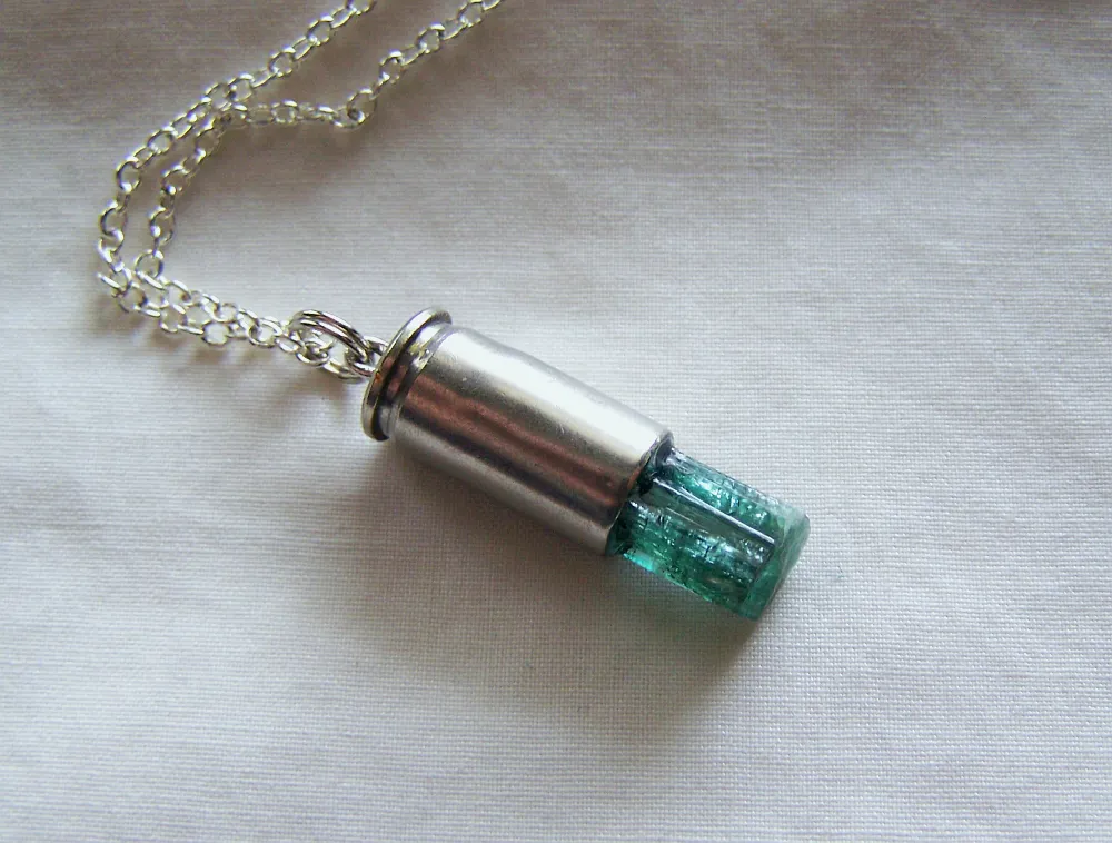 Indicolite Tourmaline Teal Gemstone Crystal Bullet Pendant