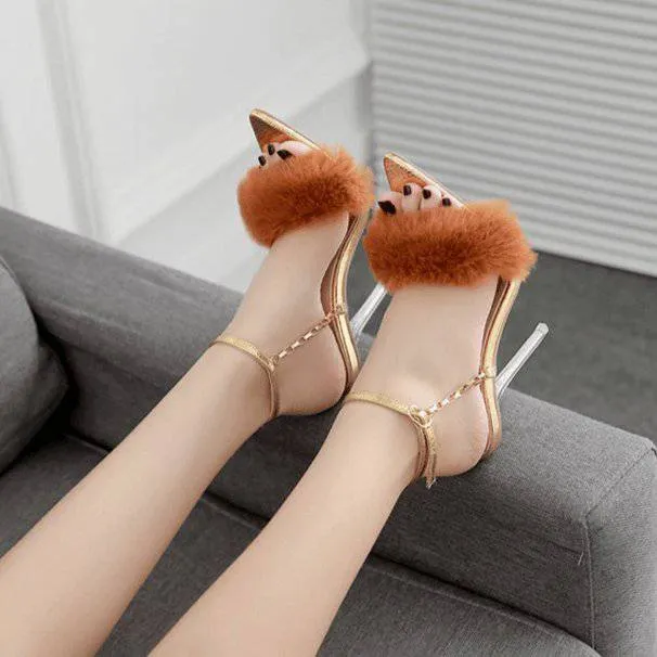 Josie Fluffy Pointed Toe Buckle Strap High Heel Sandals