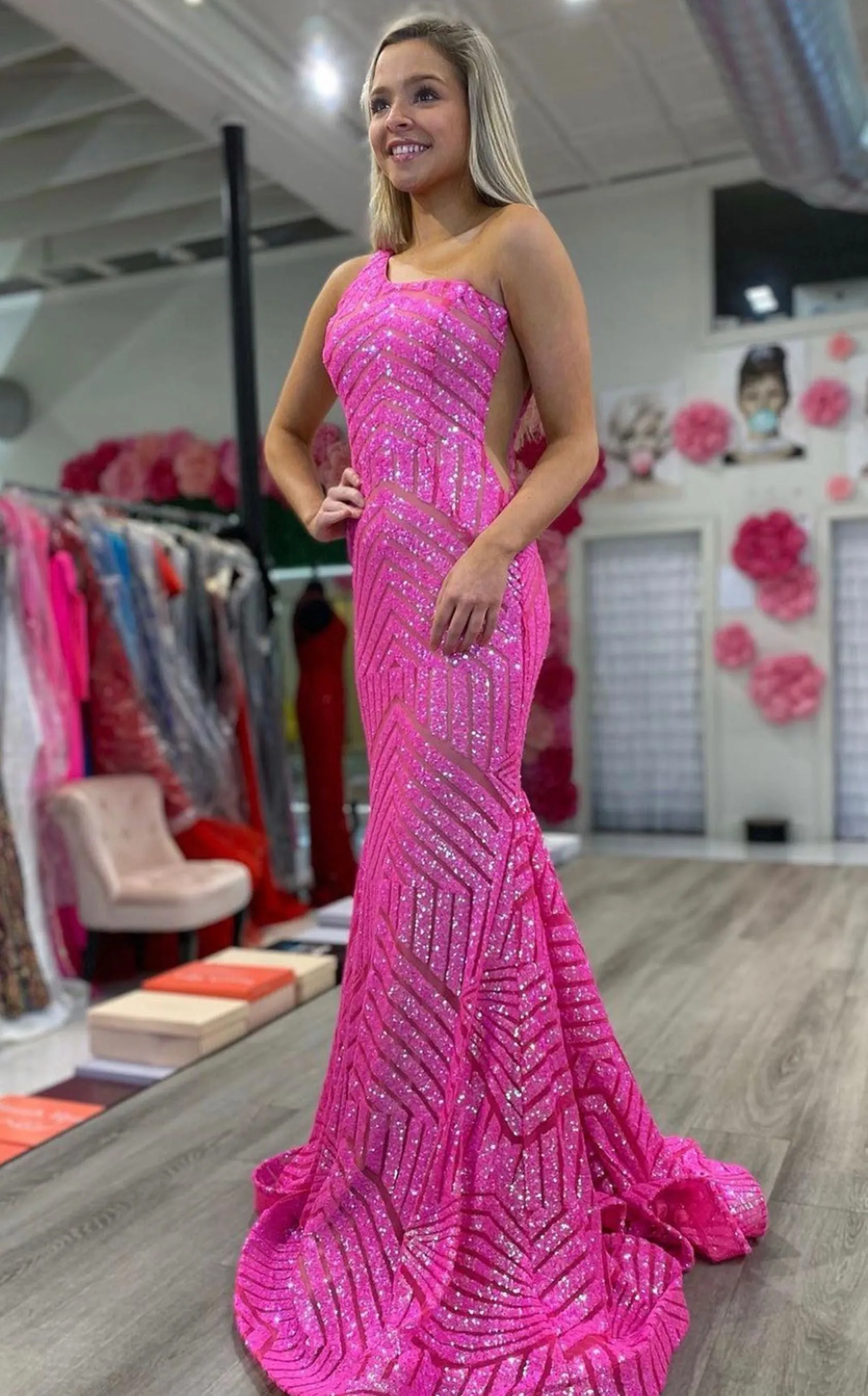 Jovani 06017 Long Mermaid Prom Dress Neon Sequined One Shoulder Formal Mermaid