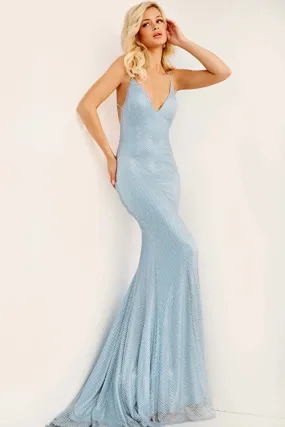 Jovani 08139 Embellished Netting Royal High Slit Ruched Backless Spaghetti Strap Prom Dress