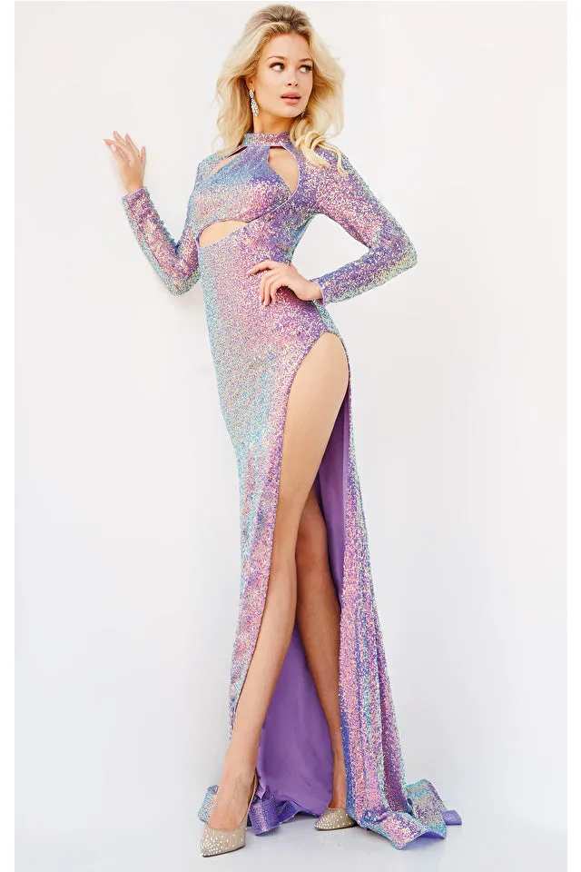 Jovani 22843 Sequin Long Dress Sleeve Fitted Bodice With Front Cutouts, High Neckline And Open Back Prom Dress