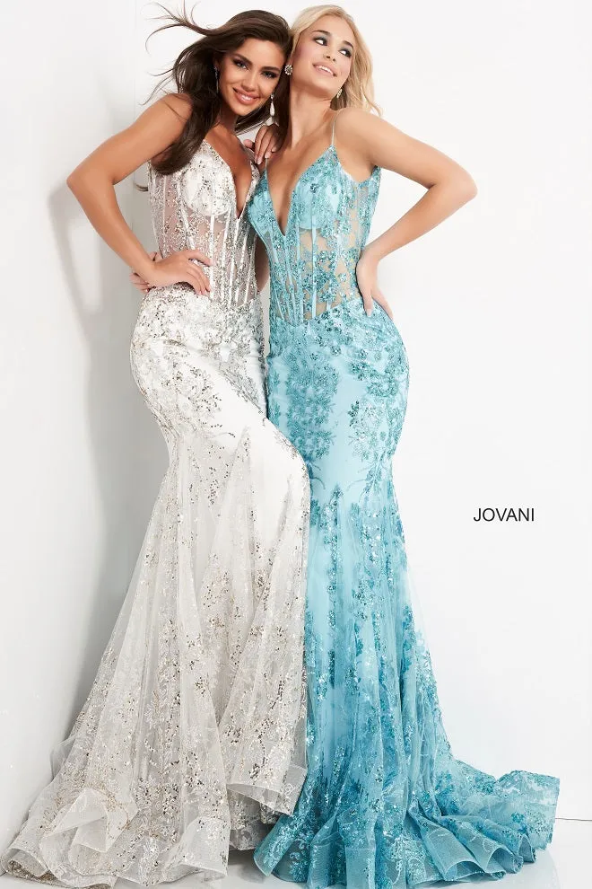 Jovani 3675 Long Prom Dress Sheer Corset Shimmer Mermaid Pageant Gown