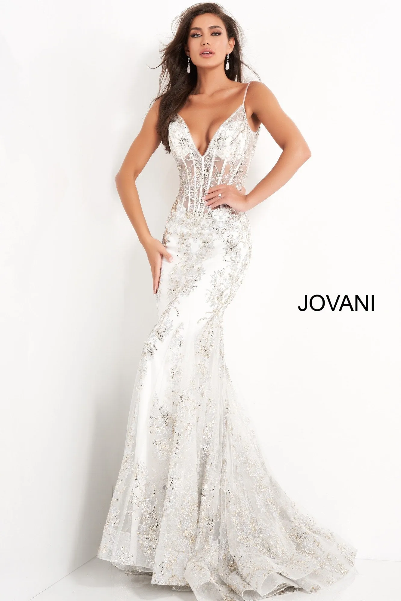 Jovani 3675 Long Prom Dress Sheer Corset Shimmer Mermaid Pageant Gown