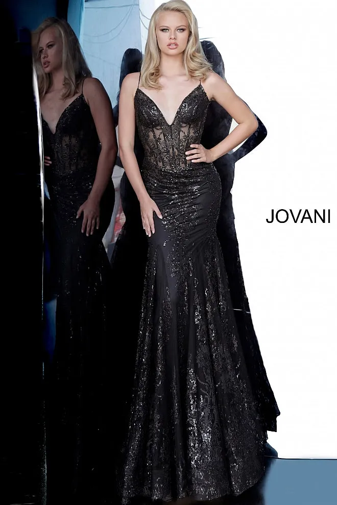 Jovani 3675 Long Prom Dress Sheer Corset Shimmer Mermaid Pageant Gown