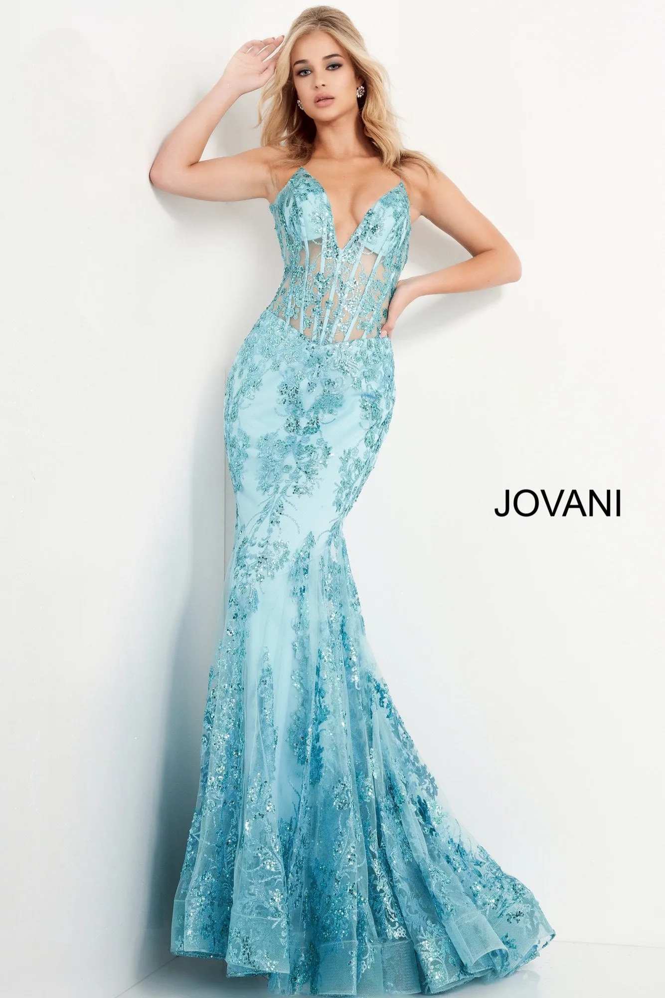 Jovani 3675 Long Prom Dress Sheer Corset Shimmer Mermaid Pageant Gown