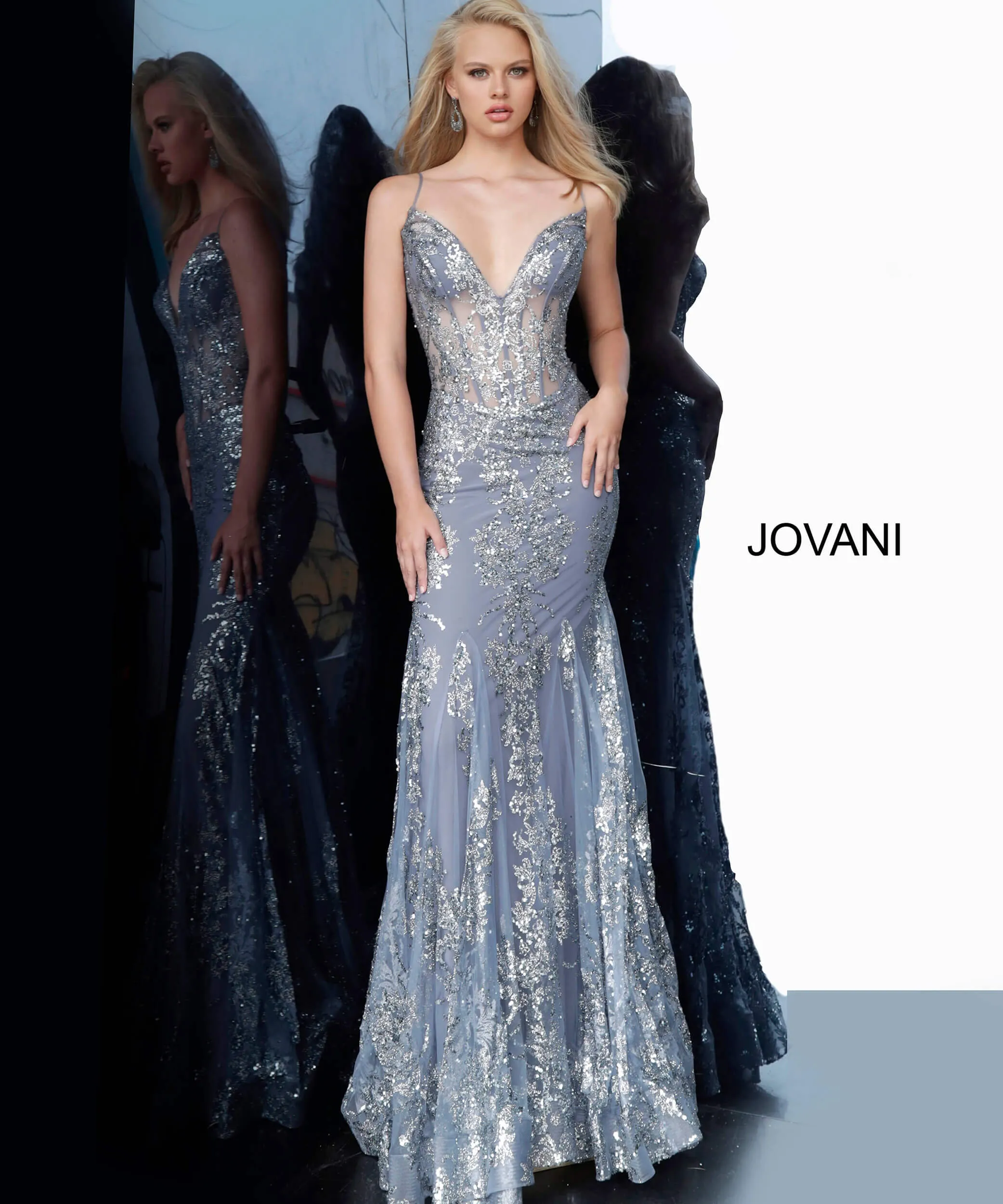 Jovani 3675 Long Prom Dress Sheer Corset Shimmer Mermaid Pageant Gown