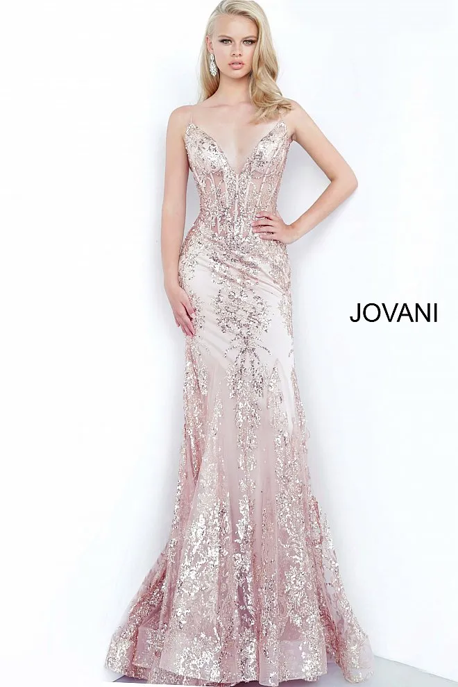 Jovani 3675 Long Prom Dress Sheer Corset Shimmer Mermaid Pageant Gown