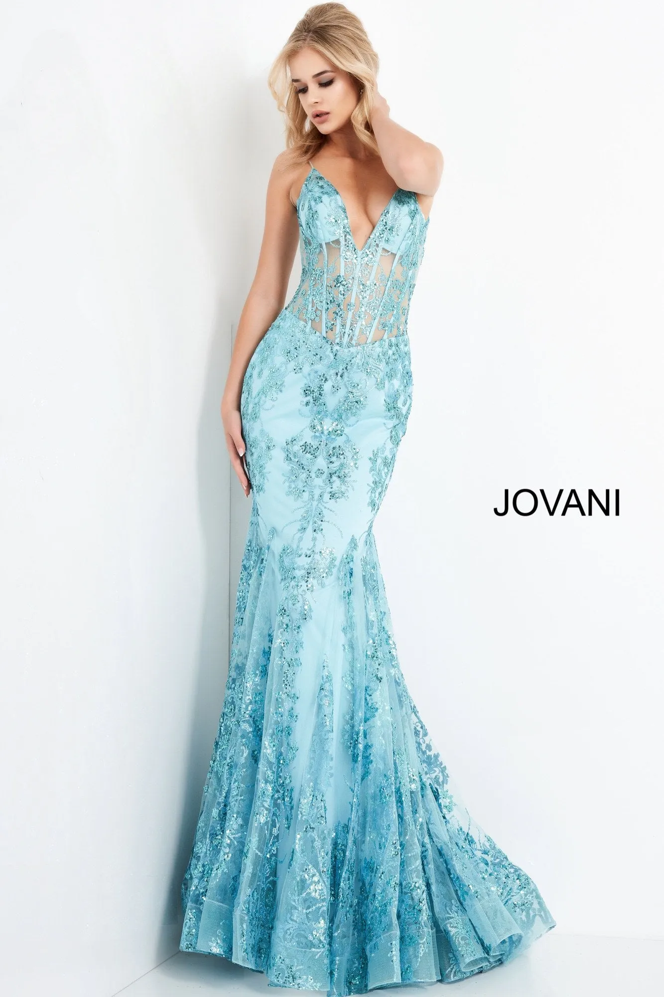 Jovani 3675 Long Prom Dress Sheer Corset Shimmer Mermaid Pageant Gown