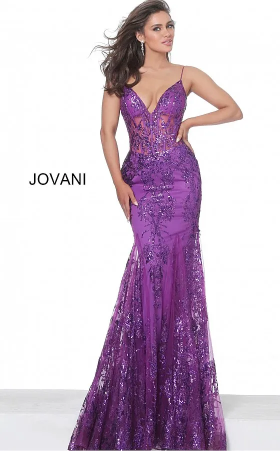 Jovani 3675 Long Prom Dress Sheer Corset Shimmer Mermaid Pageant Gown