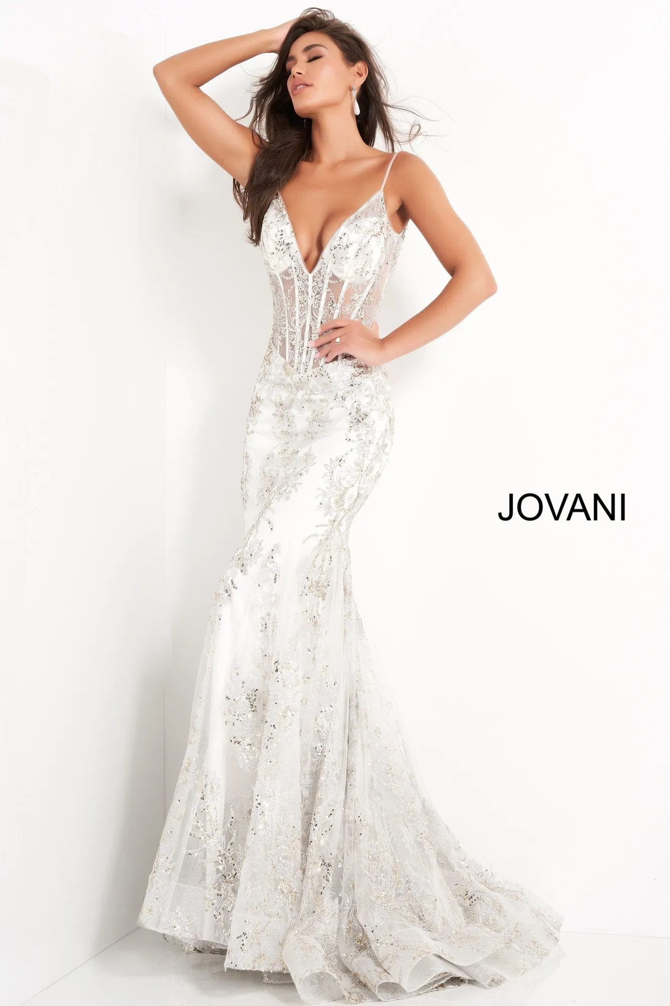 Jovani 3675 Prom Dress Sheer Corset Shimmer Mermaid Pageant Gown